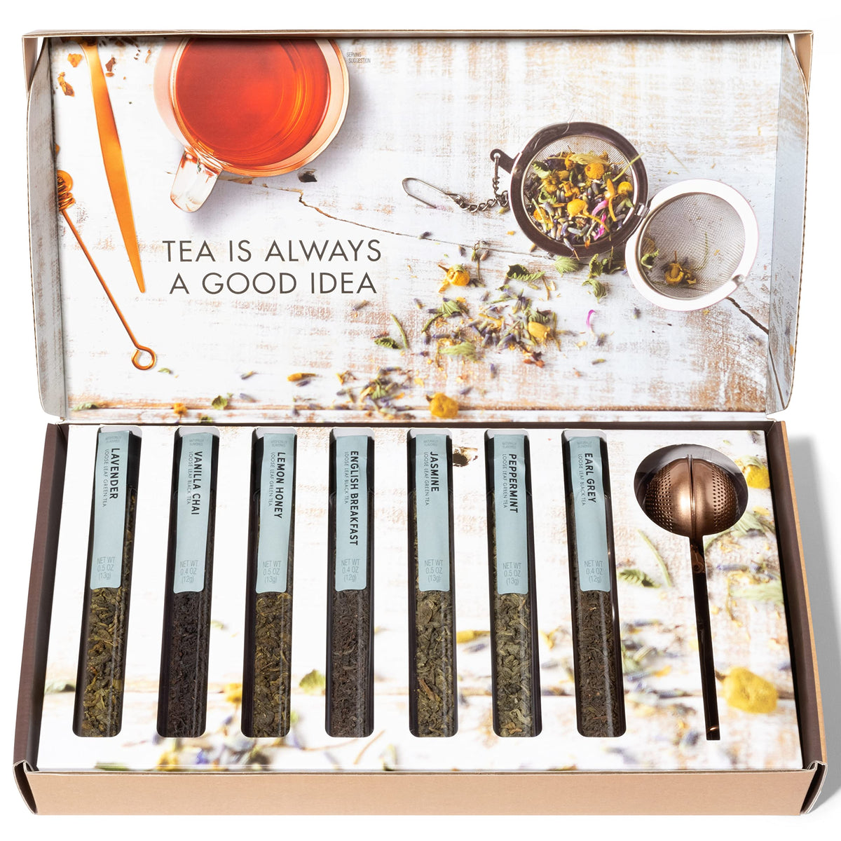 Thoughtfully Tea Therapy Set highlights hands-on infusion with a copper infuser for rich flavor.
