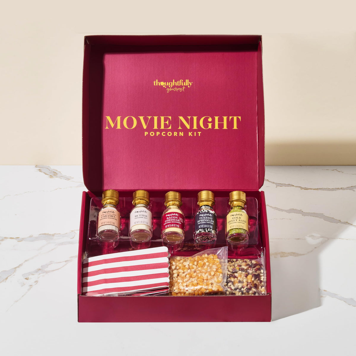 Thoughtfully Movie Night Popcorn Set Nacho Cheddar seasoning boosts savory popcorn.