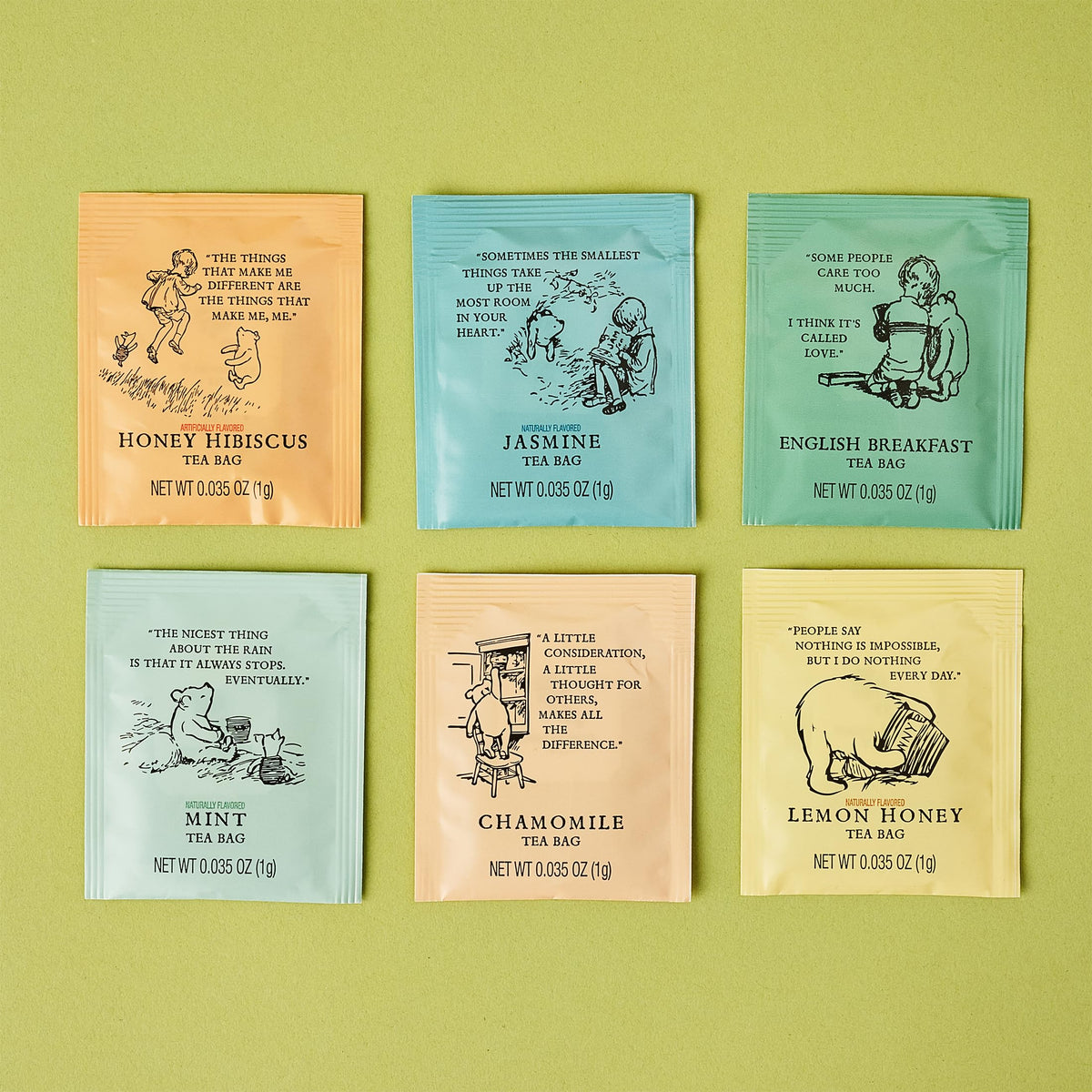 Thoughtfully quote-printed tea bags front showing nostalgic quotes for tea time