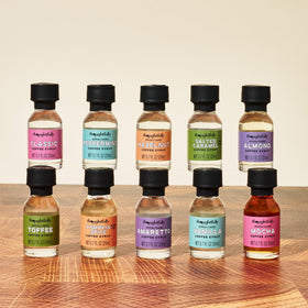 Thoughtfully salted caramel syrup bottle close-up for rich flavor