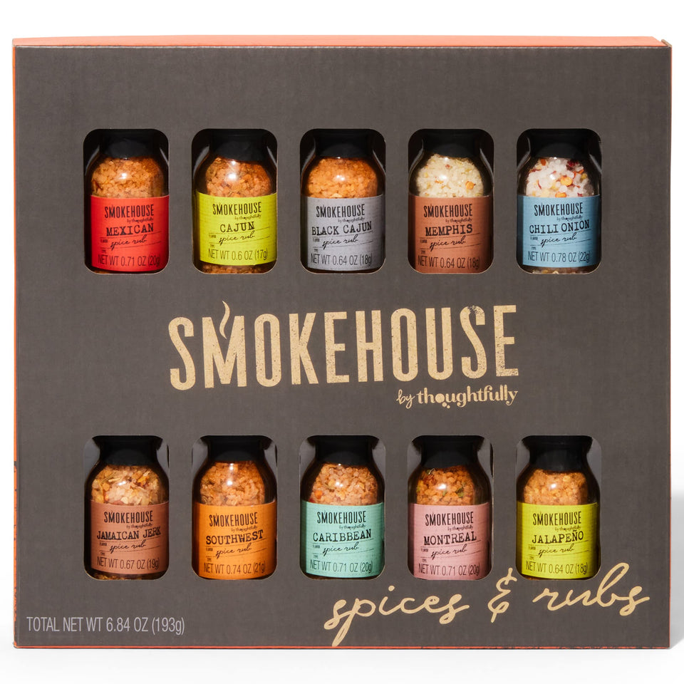 Thoughtfully Smokehouse mini bottles showcase Caribbean jerk flavor for grilling.