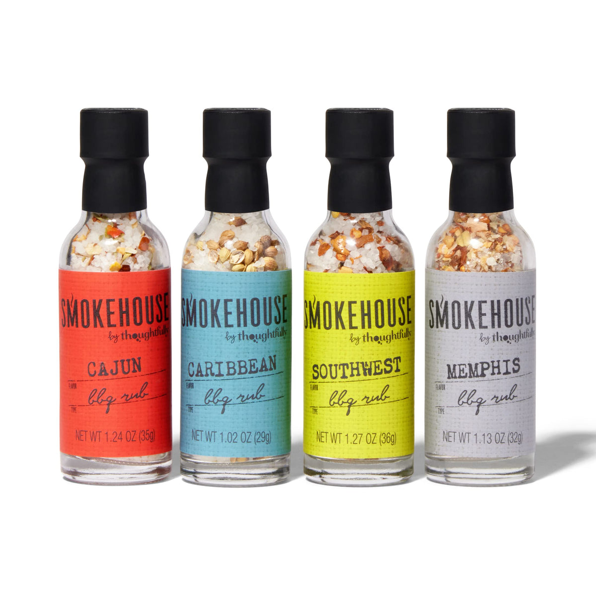 Thoughtfully Smokehouse Caribbean rub bottle enhances seafood and vegetables with tropical warmth