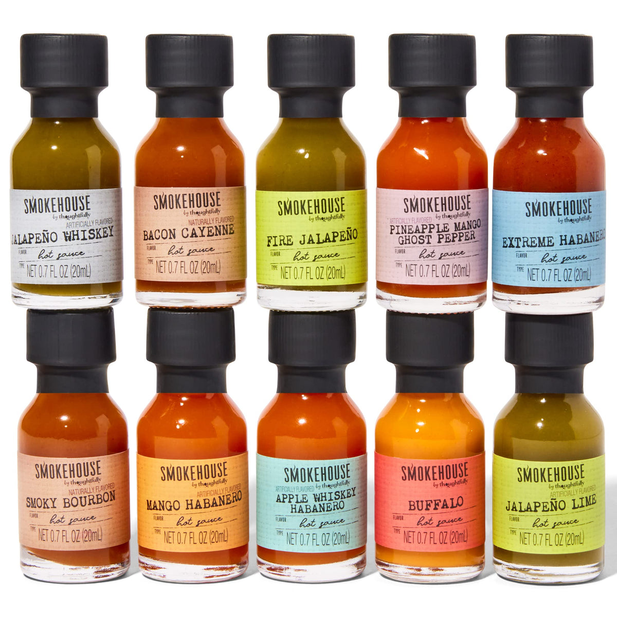 Thoughtfully Smokehouse sampler glass bottles arranged for tasting and kitchen experiments