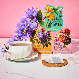 Thoughtfully Tea Affirmations Set box detail with elegant typography and flowers.