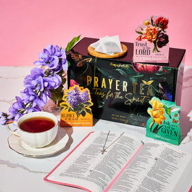 Thoughtfully Tea Affirmations Set floral artwork and Bible verse for meaningful tea moments.