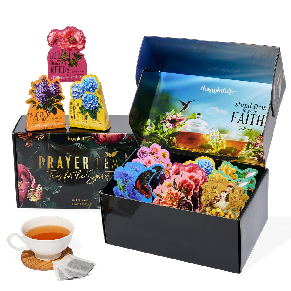 Thoughtfully Tea Affirmations Set packaging with floral boxes for gifting.