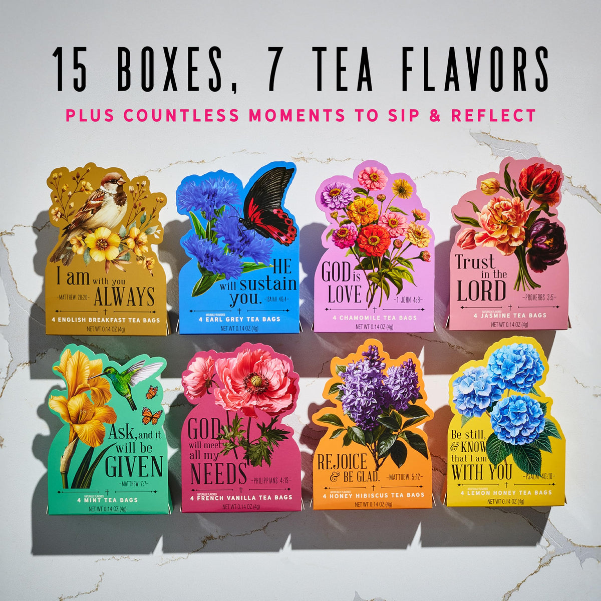 Thoughtfully Tea Affirmations Set tea box closeup with verse and art for daily reflection.
