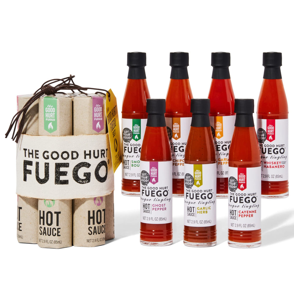 Thoughtfully The Good Hurt Fuego Garlic Herb bottle for versatile tacos and pizzas.