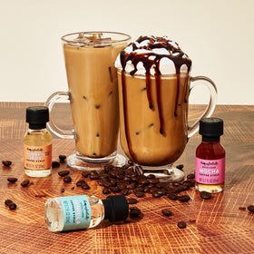 Thoughtfully vanilla syrup bottle close-up enhancing creamy lattes