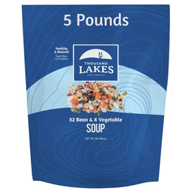 Thousand Lakes 32 bean and 8 vegetable dry soup mix bulk box front view, pantry staple