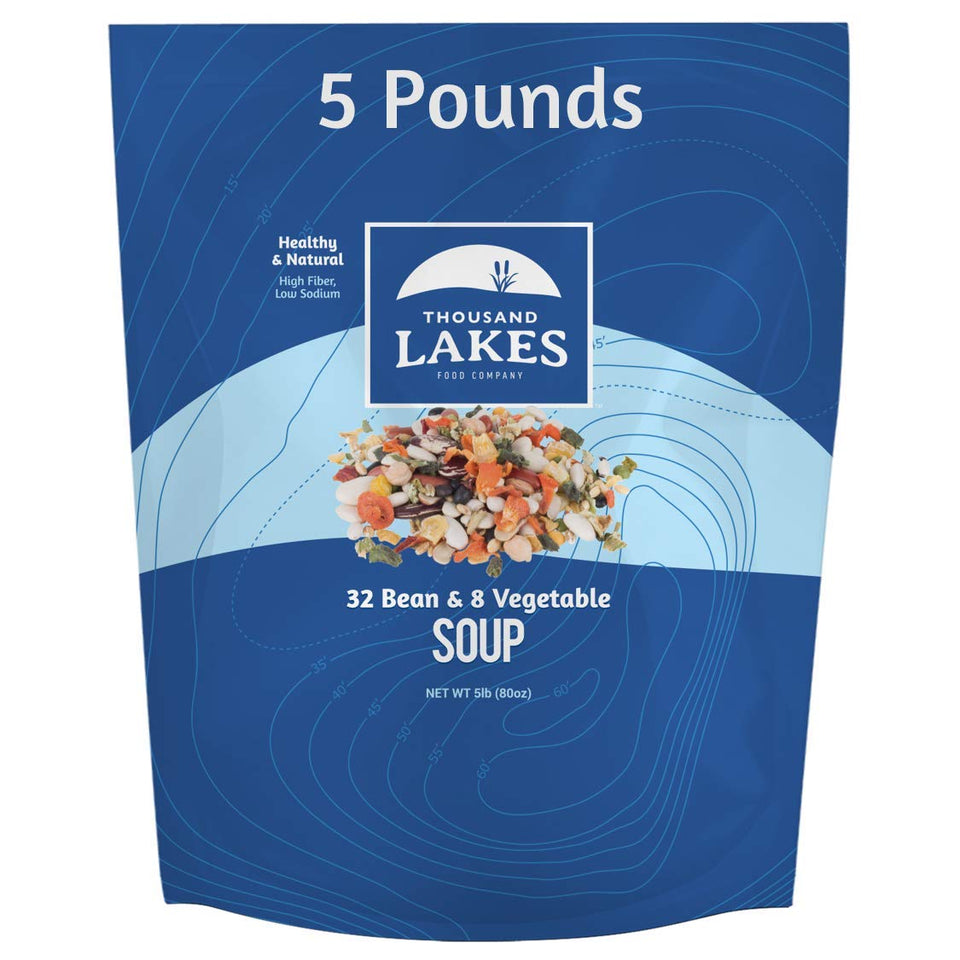 Thousand Lakes 32 bean and 8 vegetable dry soup mix bulk box front view, pantry staple