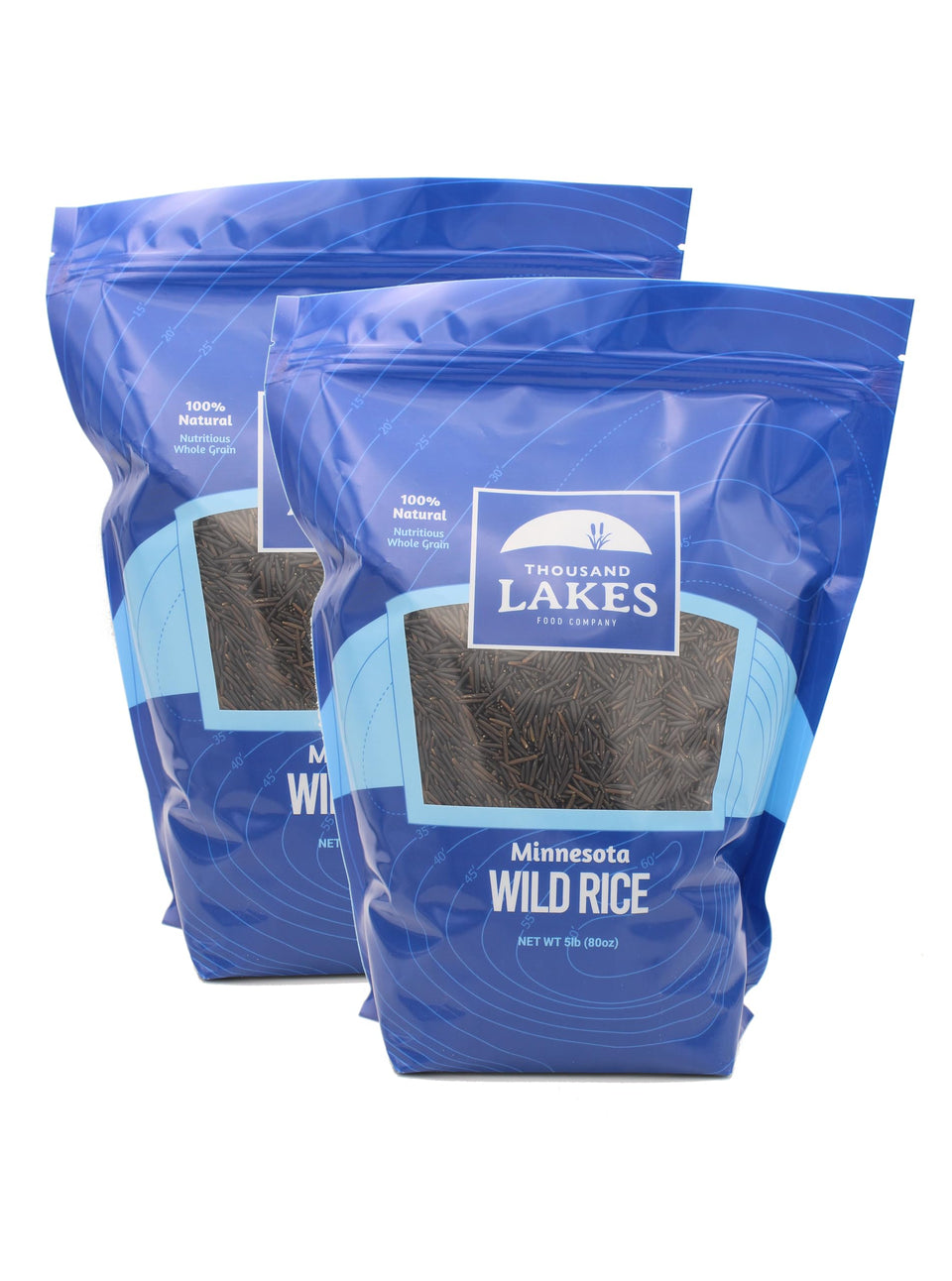 Thousand Lakes Wild Rice bulk packaging with two resealable 5-lb pouches for easy storage.