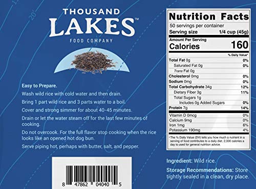 Thousand Lakes Wild Rice grain size approximately 3/8 inch for hearty texture.