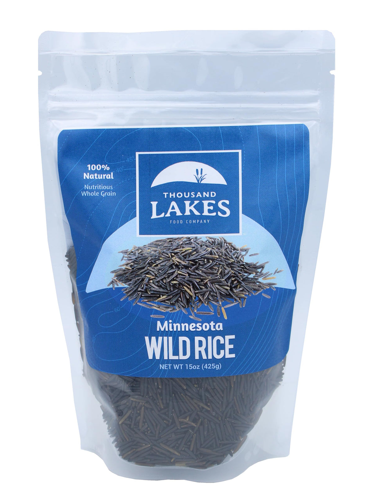 Thousand Lakes wild rice grains highlight natural hull for hearty texture.