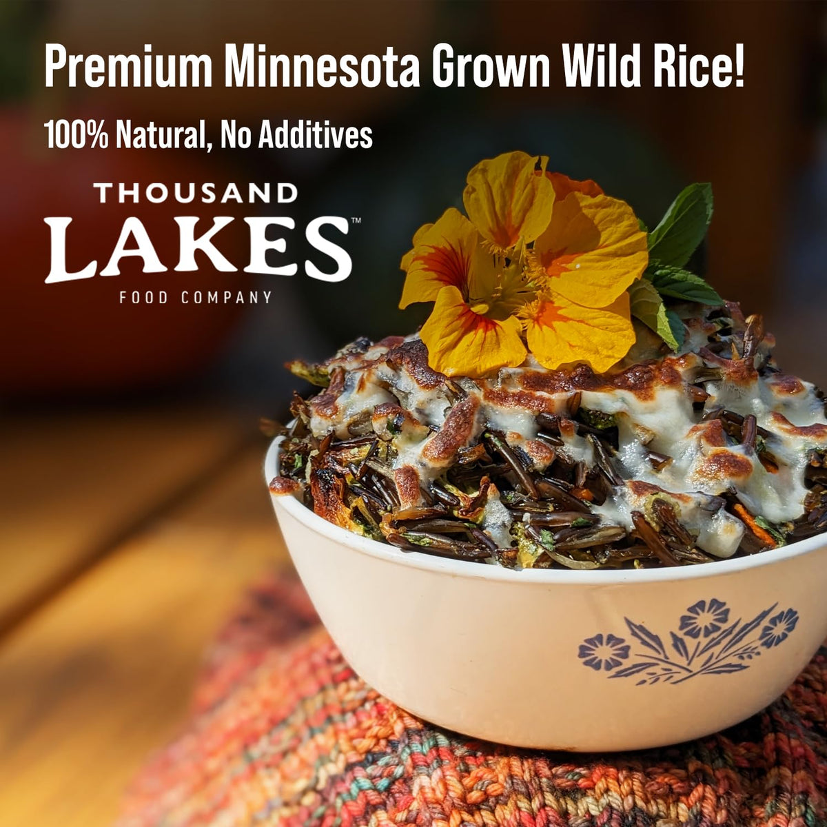 Kosher Certified Thousand Lakes wild rice labeling on packaging.