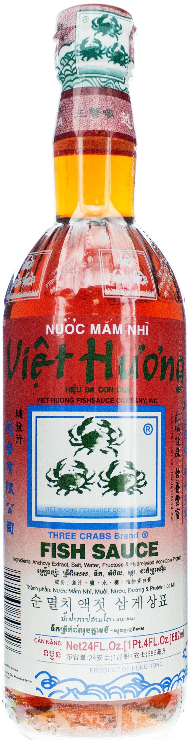 Three Crabs fish sauce bottle delivers savory umami for stir-fries and marinades.