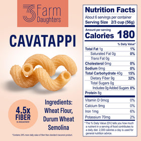 Three Farm Daughters elbow pasta image highlights a high-fiber option ideal for hearty weeknight dishes.