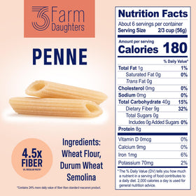 Three Farm Daughters rotini pasta emphasizes protein and fiber for satisfying pasta bowls.