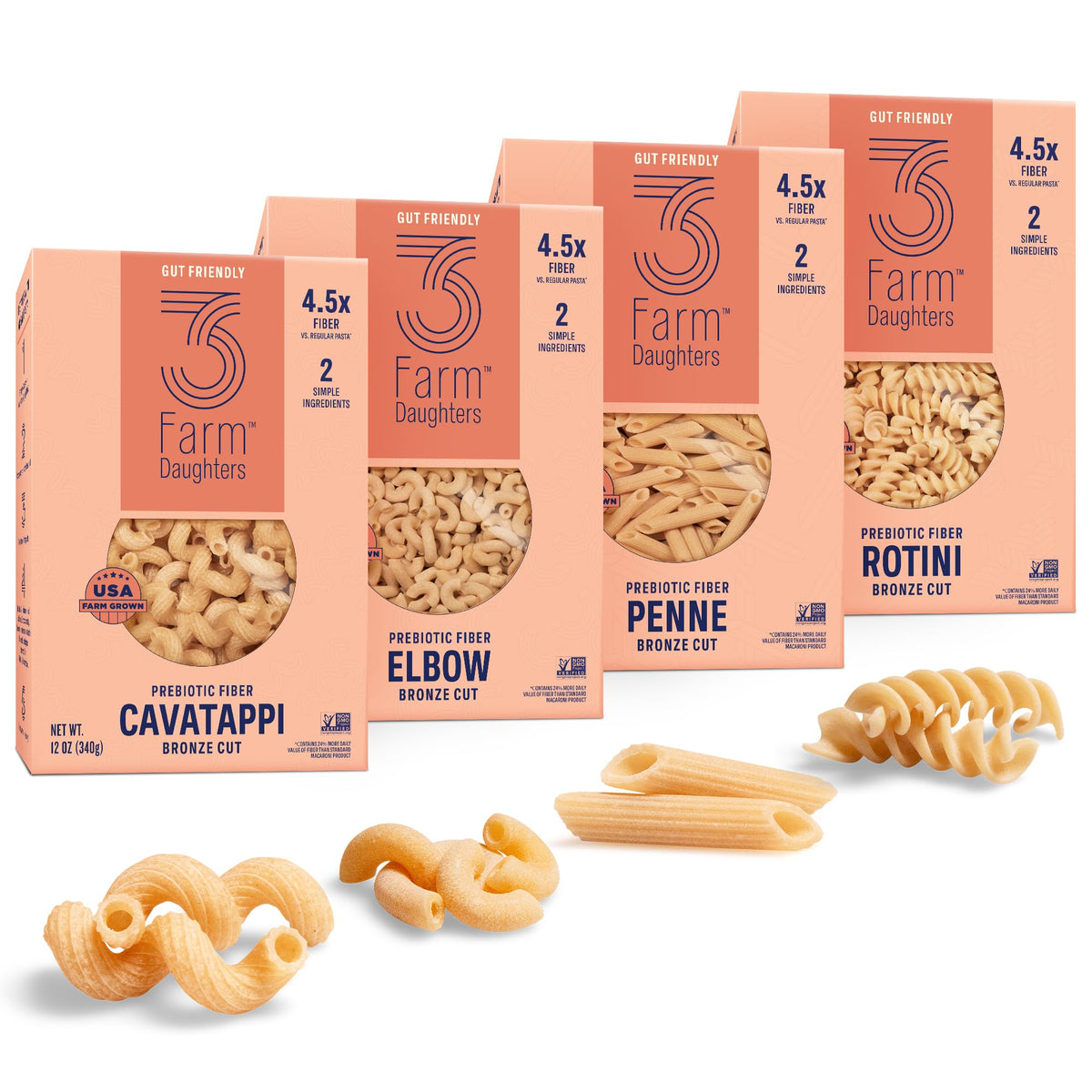 Three Farm Daughters high-fiber pasta variety pack front box showcases a pantry-friendly option for quick meals.