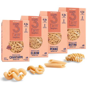 Three Farm Daughters high-fiber pasta variety pack front box showcases a pantry-friendly option for quick meals.