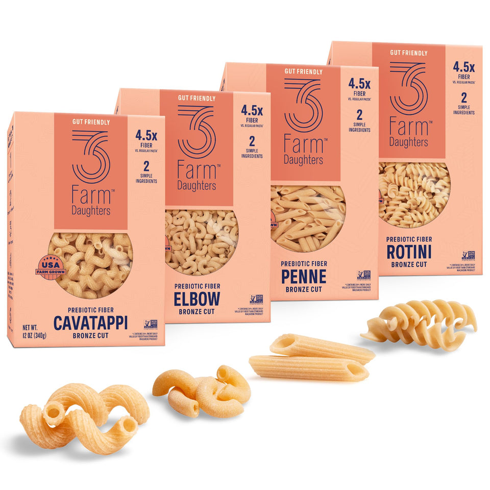 Three Farm Daughters high-fiber pasta variety pack front box showcases a pantry-friendly option for quick meals.