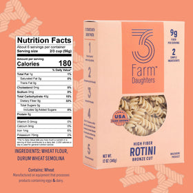 Three Farm Daughters wheat and ingredients close-up highlights clean labeling and simple two-ingredient pasta.