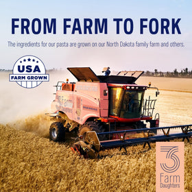 Made in the USA badge on Three Farm Daughters pasta packaging.