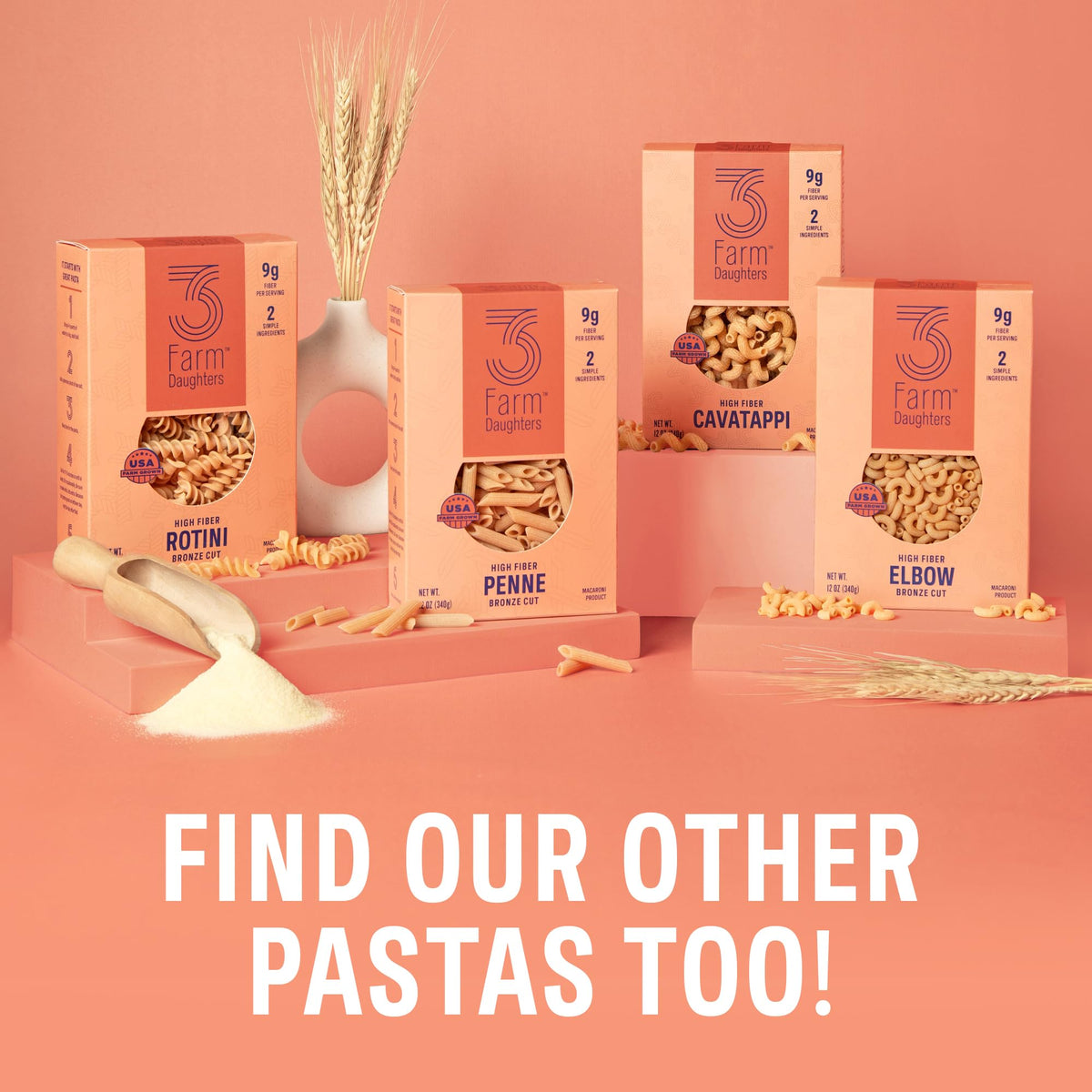 Non-GMO label visible on Three Farm Daughters spaghetti packaging.