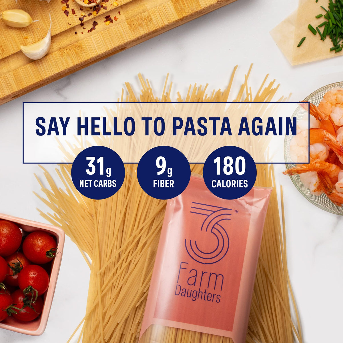 Three Farm Daughters spaghetti served in a bowl for quick meals.
