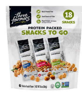 Three Farmers Snacks to Go variety pack, on-the-go vegan bites for balanced snacking.