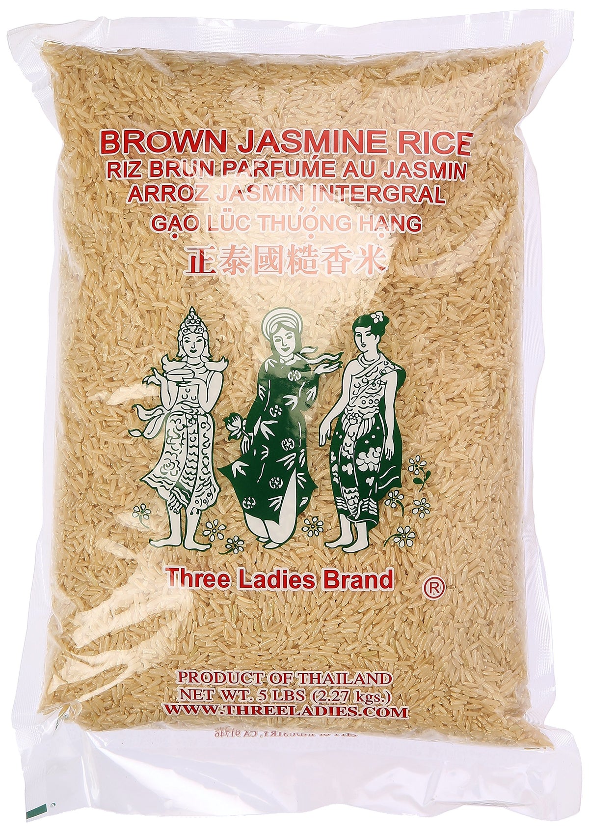 Three Ladies Brown Jasmine Rice 5lbs bag on shelf showing premium long-grain rice for everyday meals.