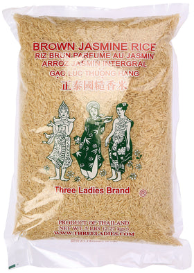 Three Ladies Brown Jasmine Rice 5lbs bag on shelf showing premium long-grain rice for everyday meals.