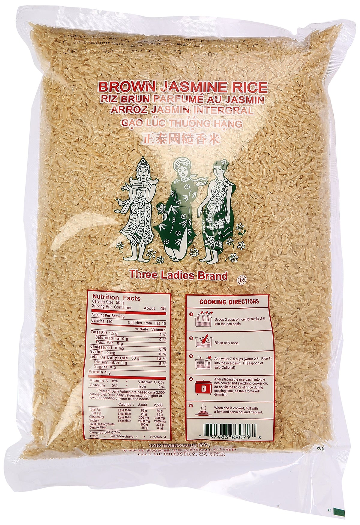 Three Ladies Brown Jasmine Rice grains closeup, highlighting fluffy texture for perfect steaming and serving.