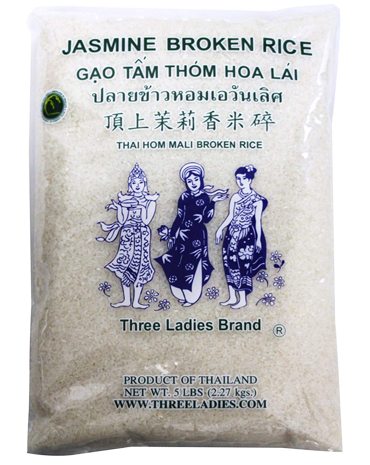 Three Ladies Jasmine broken rice 5lb bag: fragrant, versatile for meals.