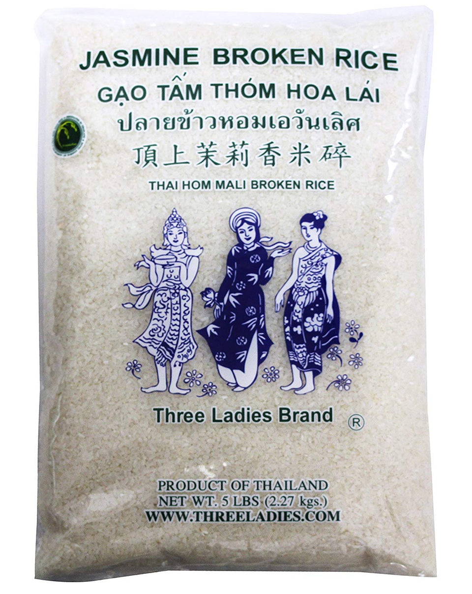 Three Ladies Jasmine broken rice 5lb bag: fragrant, versatile for meals.