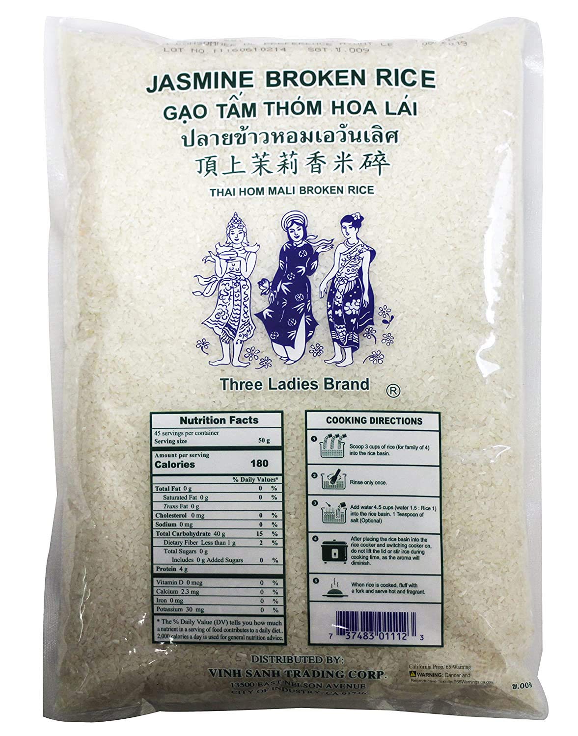 Three Ladies Jasmine broken rice close-up: packaged grains for flavorful meals.