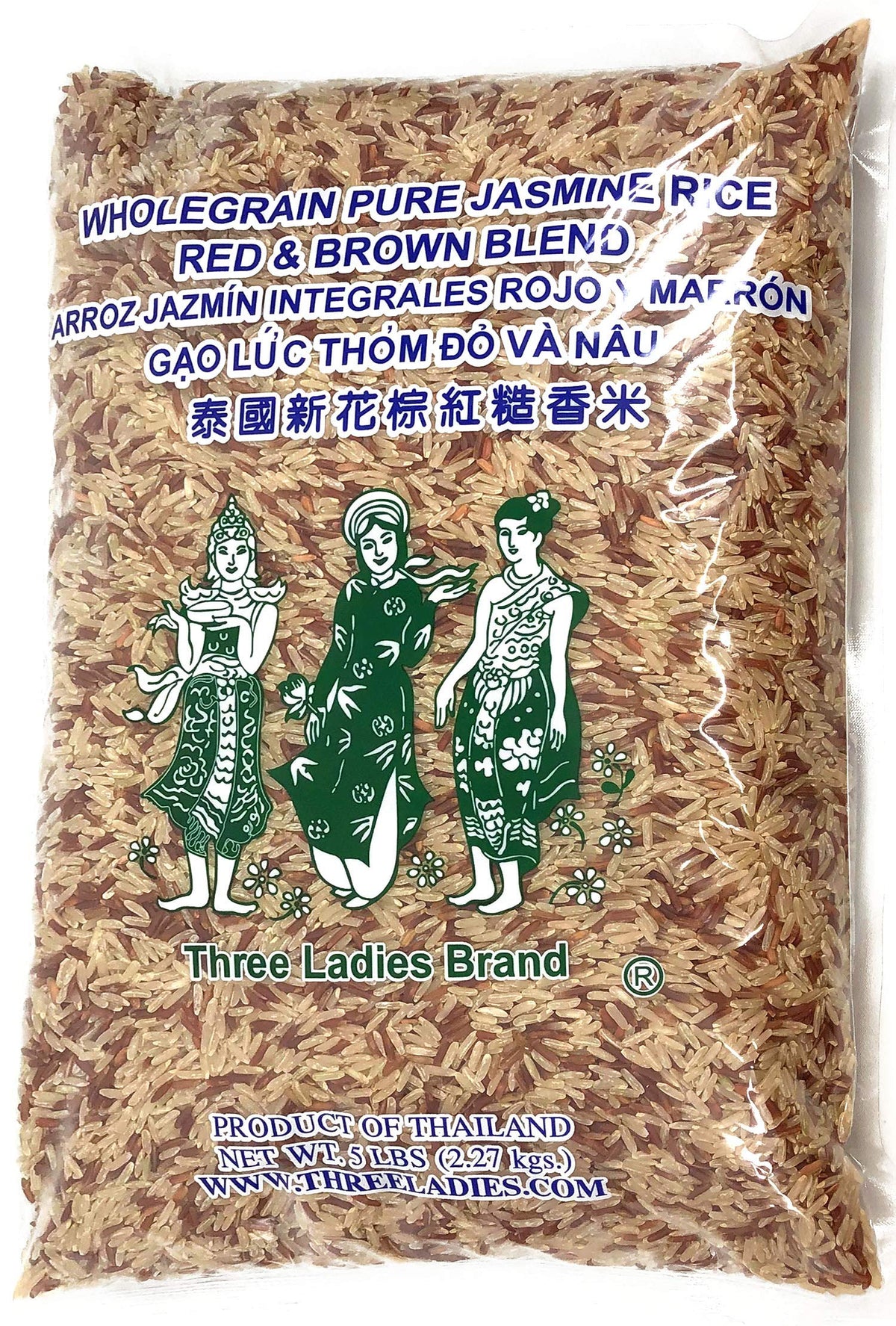 Three Ladies jasmine rice red-brown blend bag with fragrant aroma for weeknight meals.