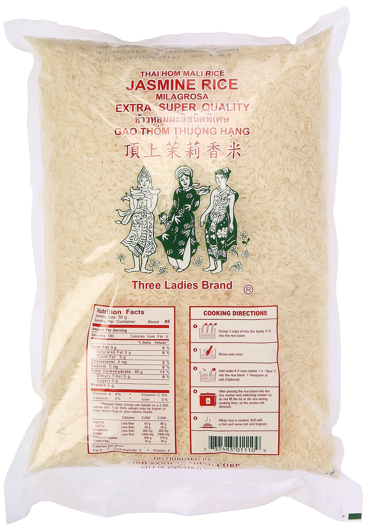 Three Ladies Jasmine Rice cooked steam in bowl, fluffy grains, ideal for versatile meals.