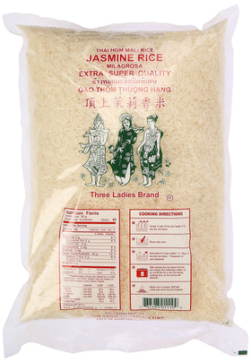 Three Ladies Jasmine Rice cooked steam in bowl, fluffy grains, ideal for versatile meals.