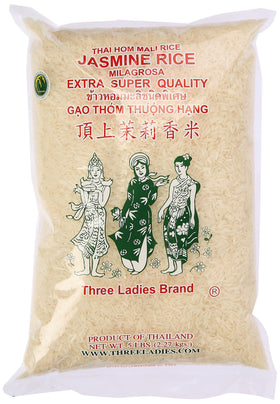 Three Ladies Jasmine Rice bag with long-grain rice, ready to cook, fragrant aroma.