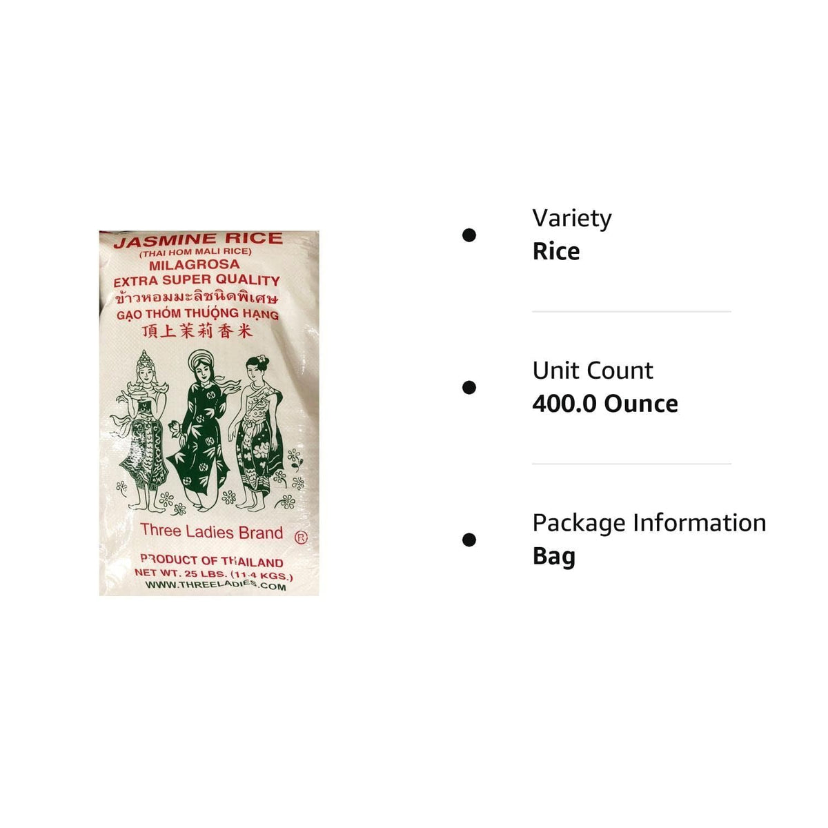 Three Ladies Jasmine Rice steaming bowl highlights aroma and light texture.