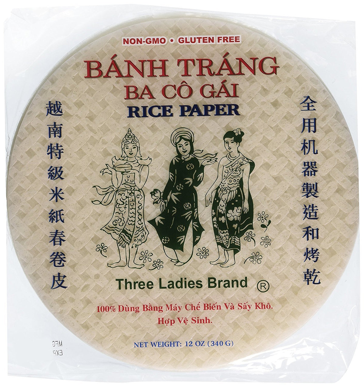 Three Ladies rice paper 25cm wrapper ready for fresh spring rolls on a plate.