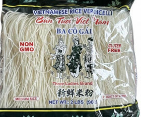 Three Ladies rice stick packaging highlights a 2lb bag for easy family meals.