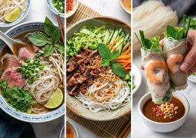 Three Ladies rice sticks served in bowls with herbs and sauces for Vietnamese meals.
