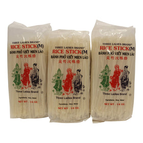 Three Ladies Rice Stick Noodles front view in a three-bag pack, ready for meals