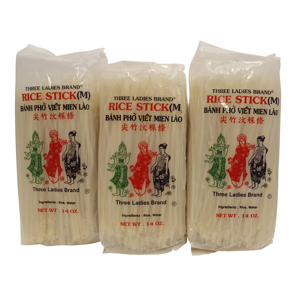 Three Ladies Rice Stick Noodles front view in a three-bag pack, ready for meals