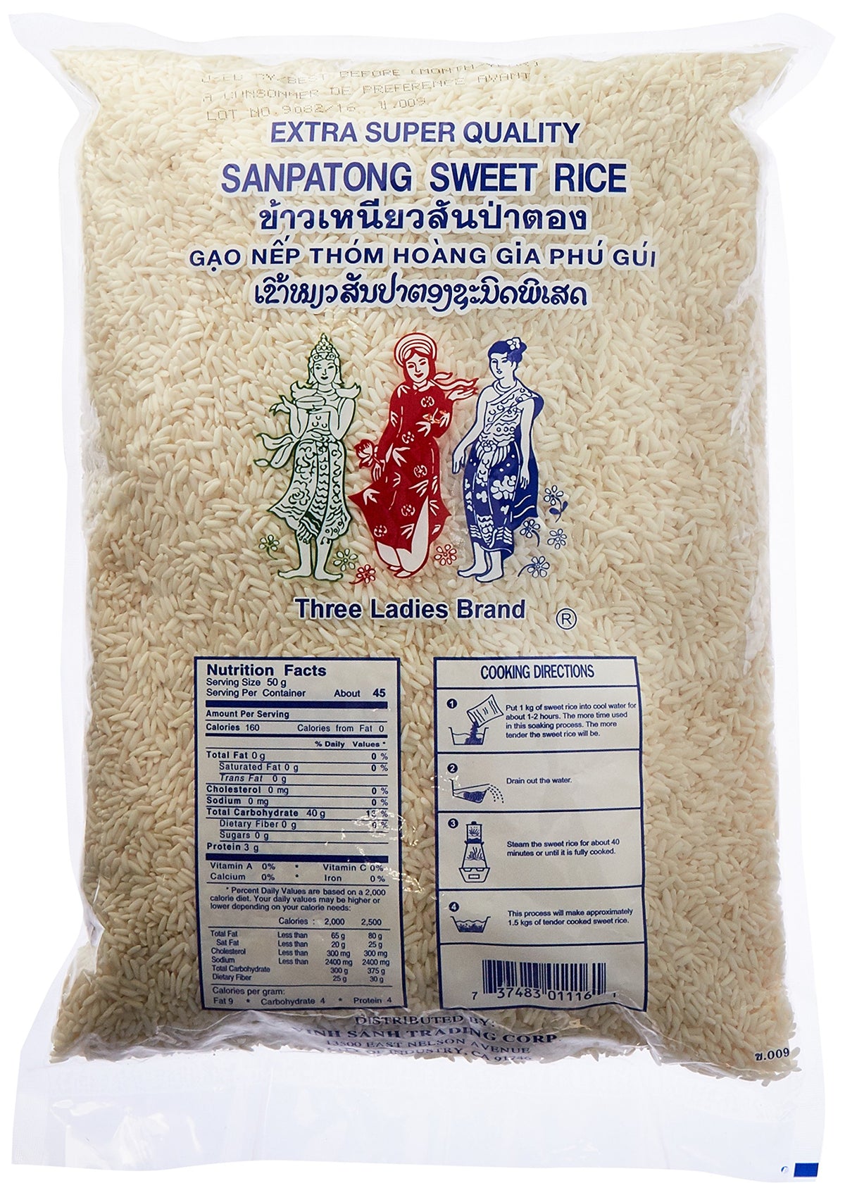 Three Ladies Sanpatong Sweet Rice five-pound pack; premium grains for Thai cooking.