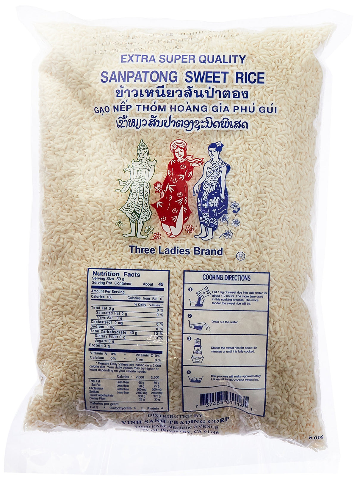 Three Ladies Sanpatong Sweet Rice two-pack front view, ready for authentic Thai meals.