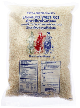 Three Ladies Sanpatong Sweet Rice two-pack front view, ready for authentic Thai meals.