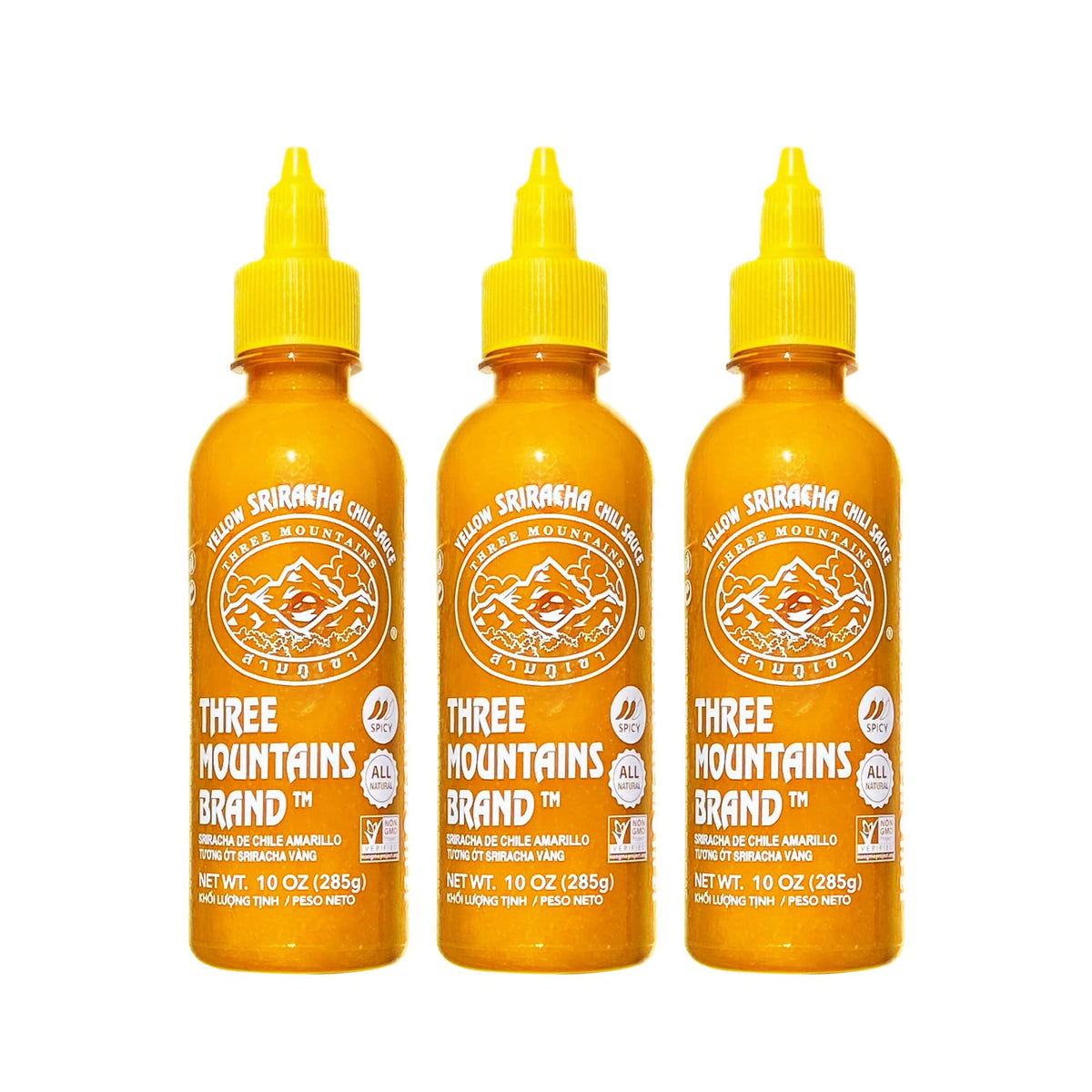 Three Mountains Yellow Sriracha bottle front label, bold heat for daily meals